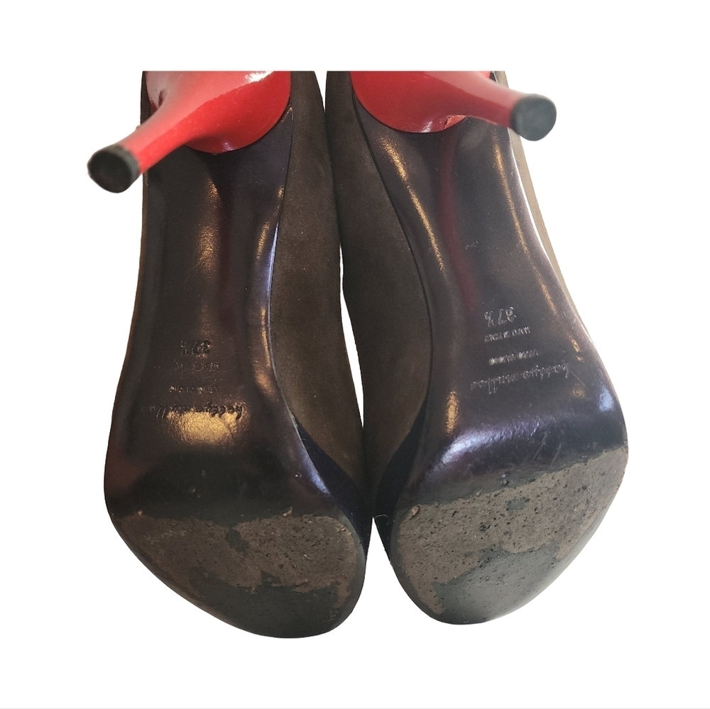 Elegant Brown And Navy Suede Pumps with Red Heel - Picture 4 of 5